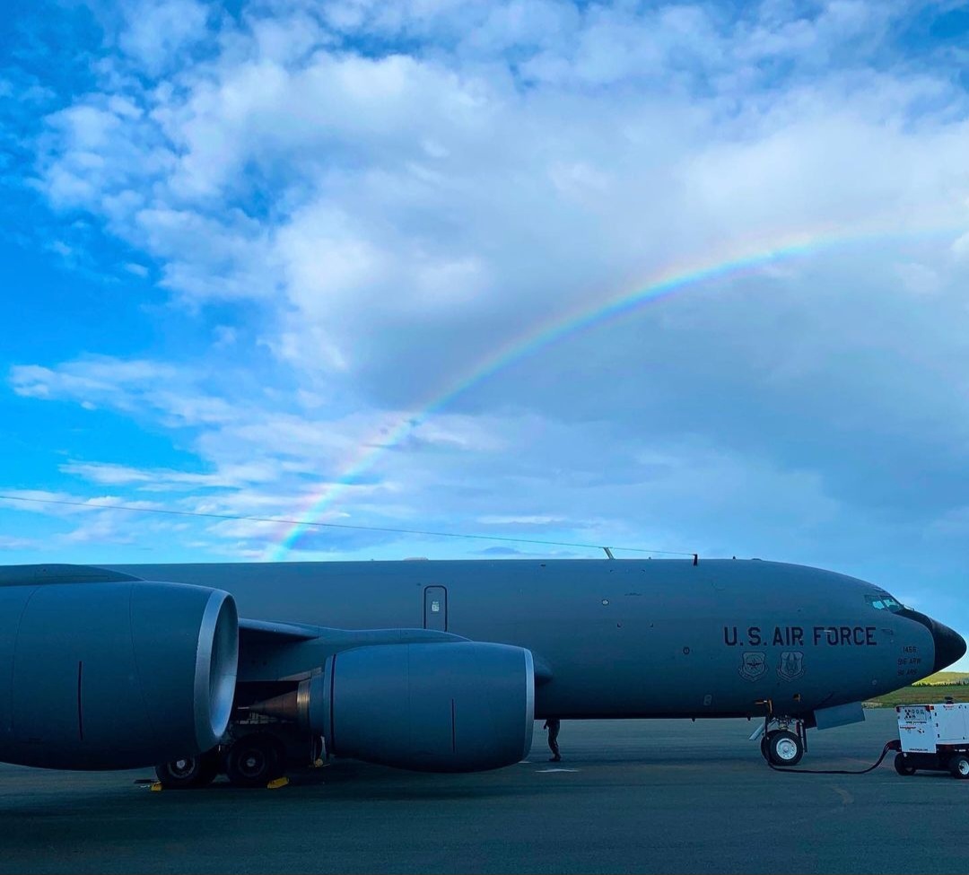 A rainbow arcing over a U.S. Air Force KC-135.