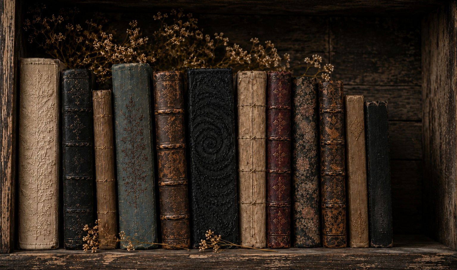 A row of antique cloth- and leather-bound books with worn embossed spines on a weathered wooden shelf, dried baby's breath tucked behind and in front of them in warm lamplight.