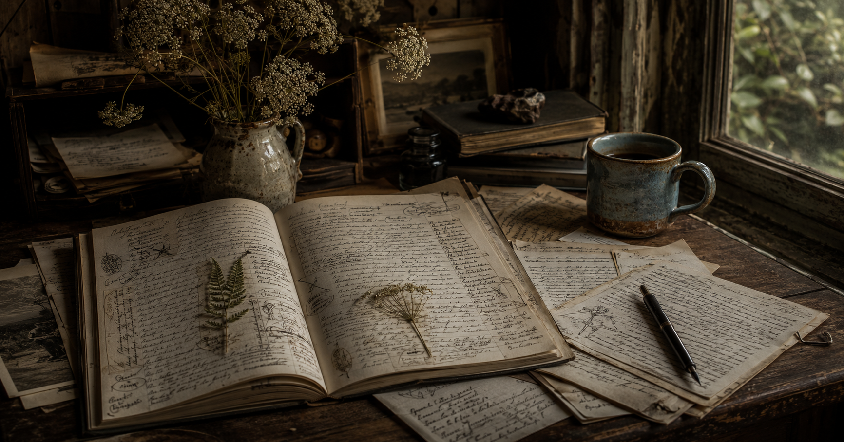 An old wooden writing desk by a window: an open annotated notebook with a pressed fern and pressed Queen Anne's lace, loose handwritten pages, a pen, a haint-blue ceramic mug, and Queen Anne's lace in a stoneware vase.