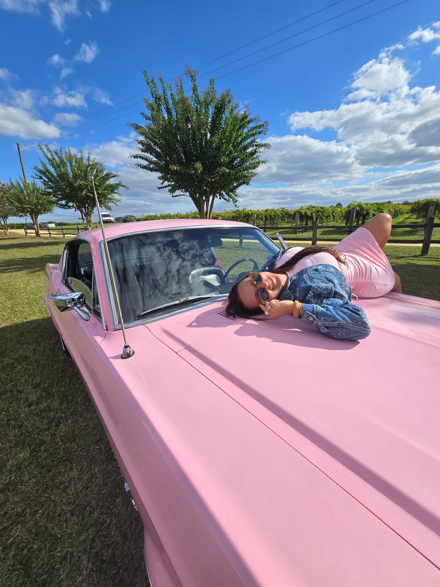 Nikki Bodie lying back across Reba Lou's hood.