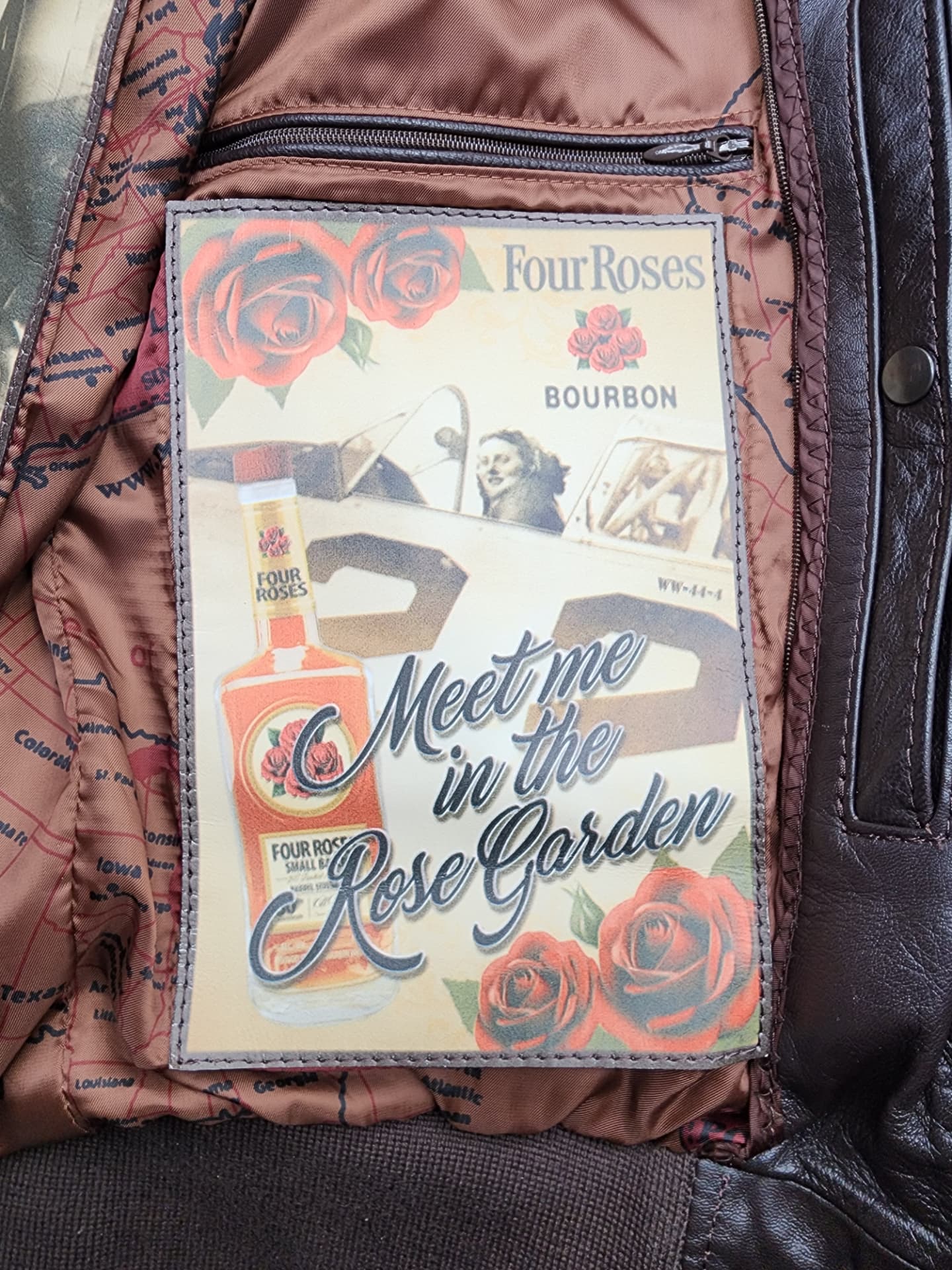 A jacket lining panel: a WASP in an open cockpit and "Meet me in the Rose Garden."