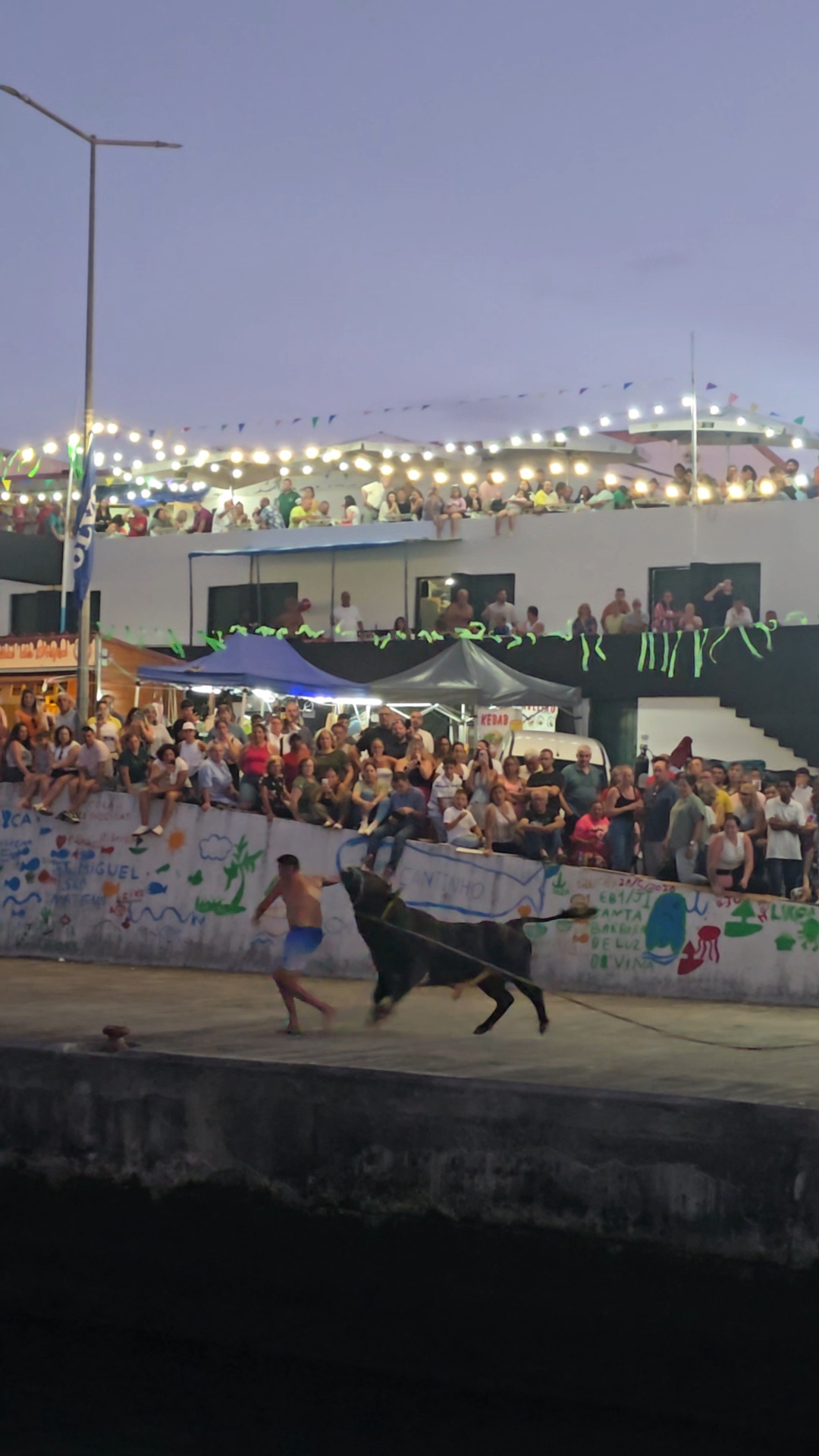 A man close to the bull as it turns during a street bullfight.