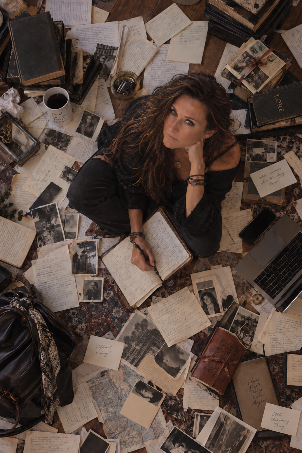 Lore seated on the floor, looking up, surrounded by manuscripts, notebooks, photographs, maps and her laptop.