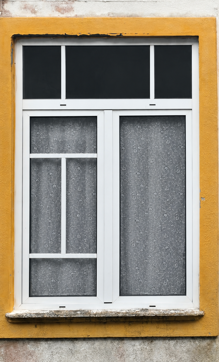 A white window framed in mustard-yellow paint, lace curtains drawn behind the glass, Terceira.