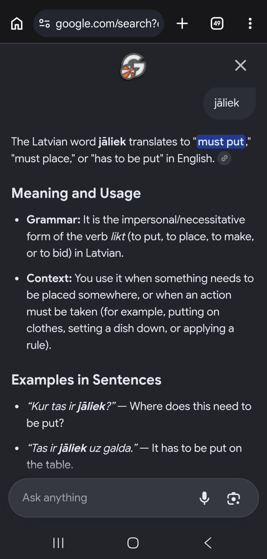 A phone screenshot of a search for jāliek: The Latvian word jāliek translates to "must put," "must place," or "has to be put" in English, with notes on its meaning and example sentences.