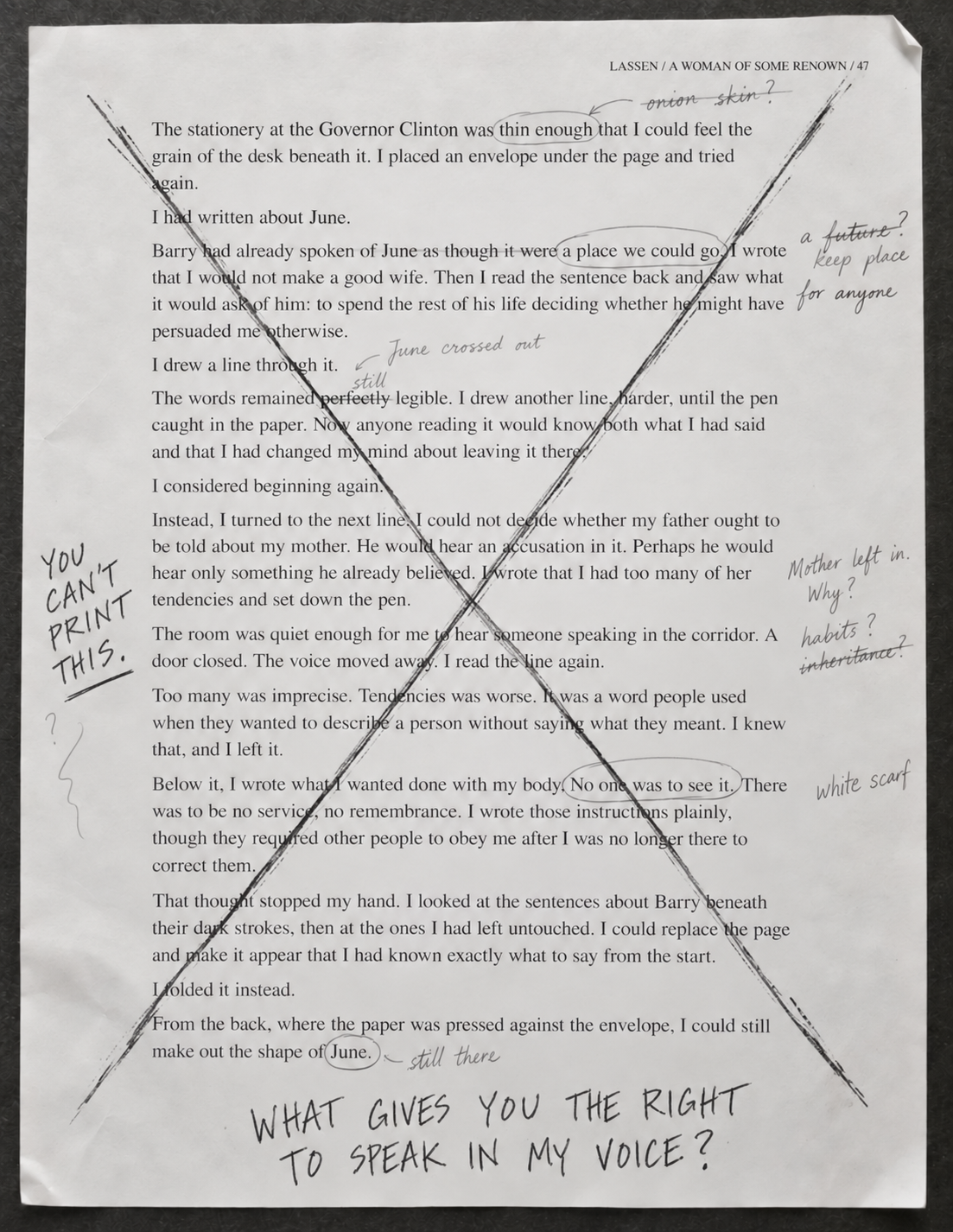 Page 47 of Lore Lassen's unfinished manuscript, printed on modern white paper and covered with handwritten editorial revisions.