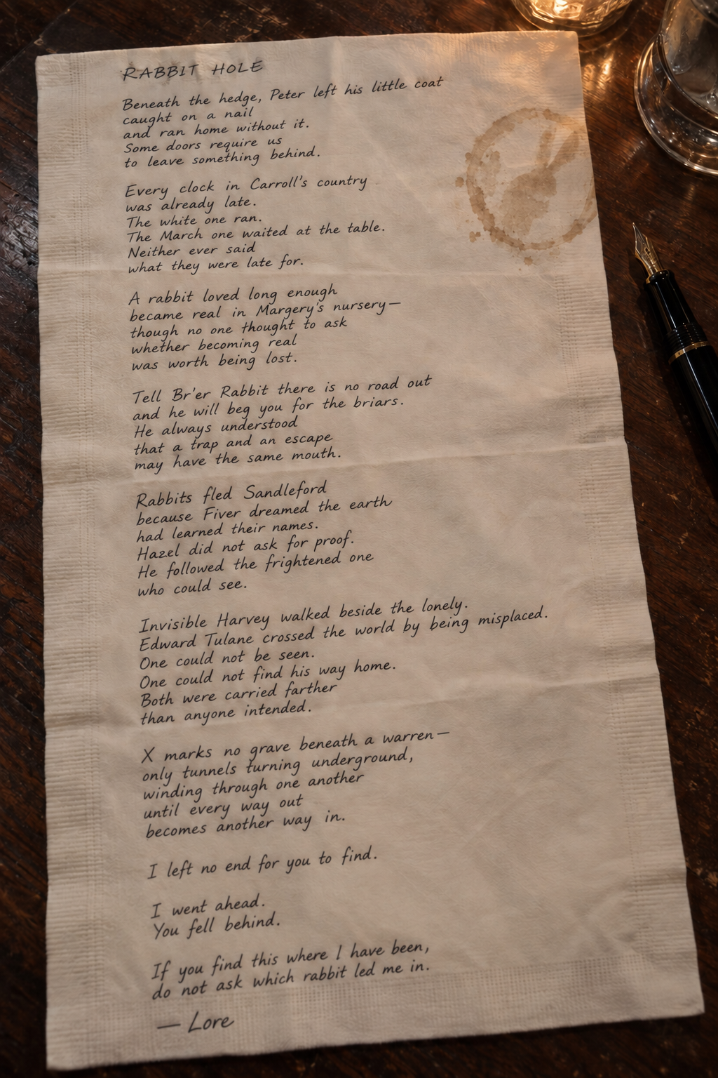 Lore Lassen's handwritten poem Rabbit Hole on a restaurant napkin with a subtle rabbit-shaped coffee stain.