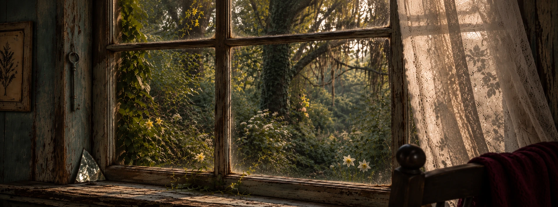 An old paint-worn window with a lace curtain drawn back, looking out on a green overgrown garden of vines, wildflowers and moss-hung trees in morning light.