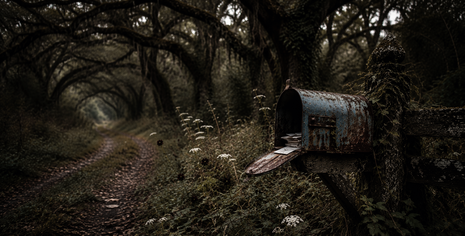 A rusted haint-blue mailbox full of letters on a mossy post beside an overgrown dirt trail disappearing under an arch of old oaks, Queen Anne's lace and dark wildflowers along the path.