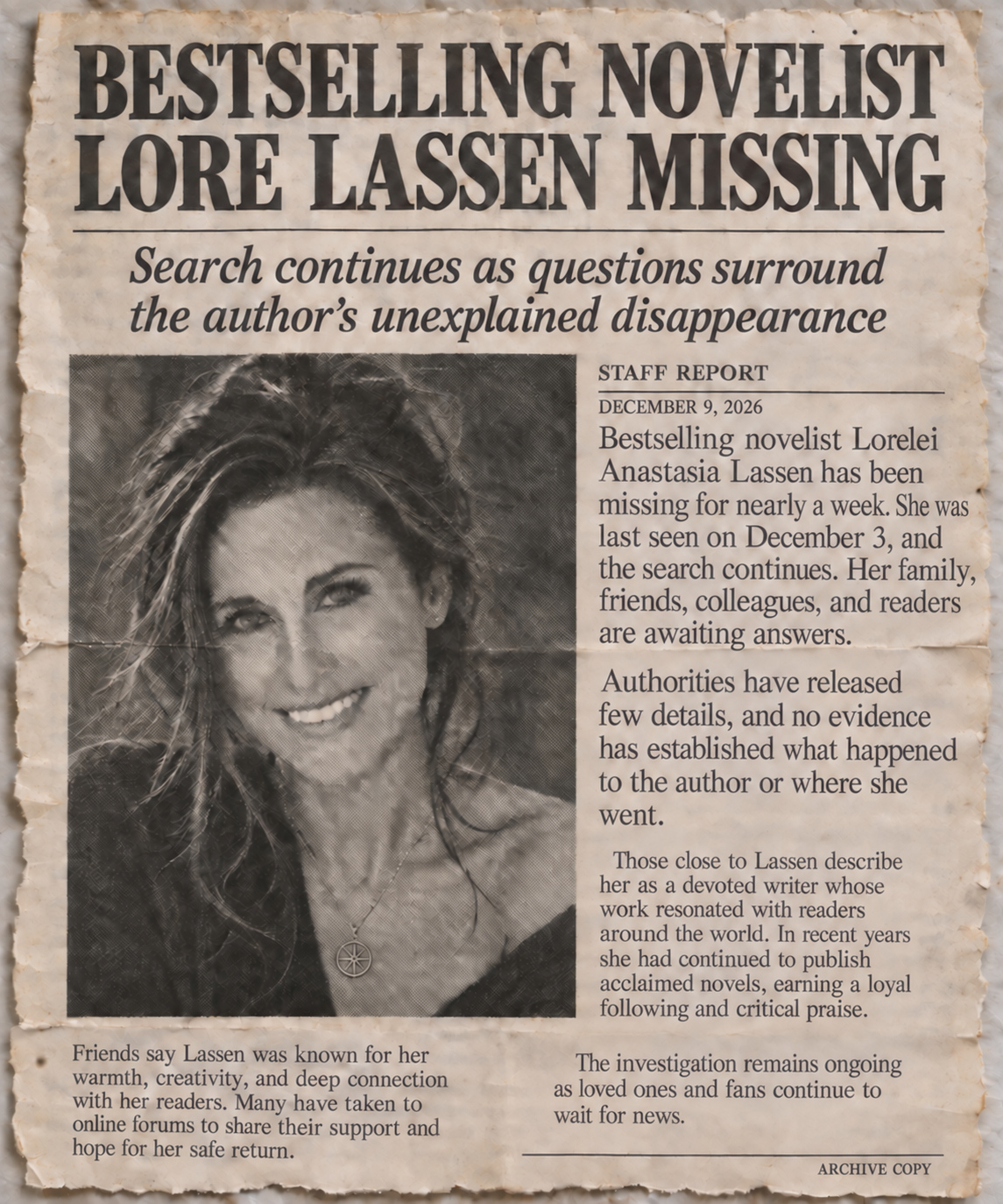 Archive newspaper clipping dated December 9, 2026, reporting bestselling novelist Lore Lassen missing.