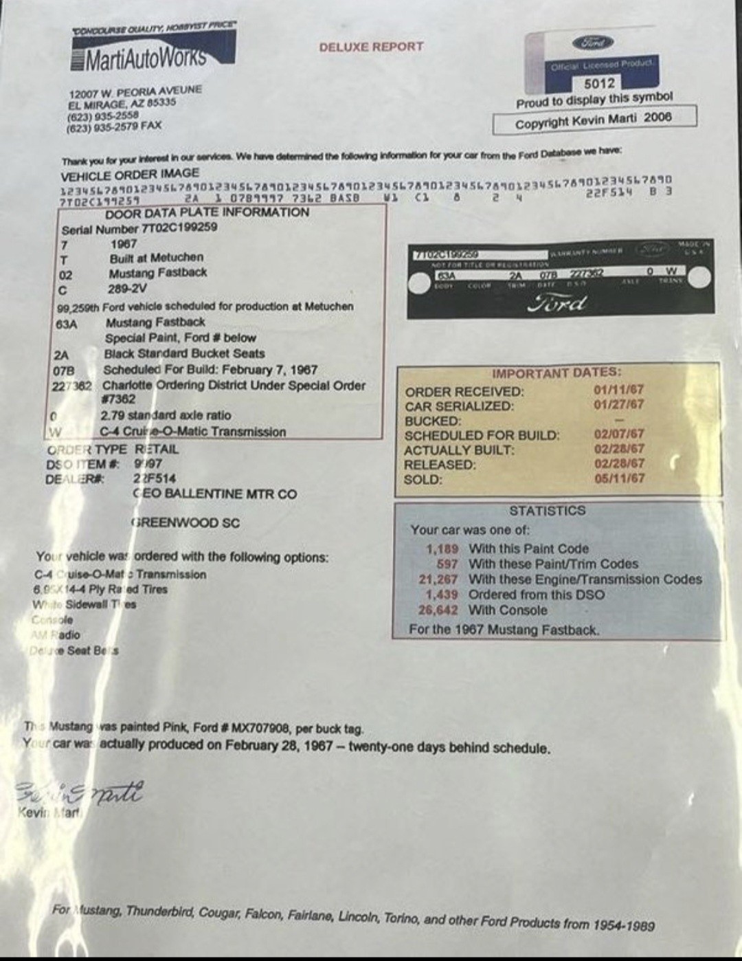 The Marti Auto Works deluxe report for Reba Lou: a 1967 Mustang fastback in special-order pink, delivered to Ballentine Motor Co., Greenwood, South Carolina.