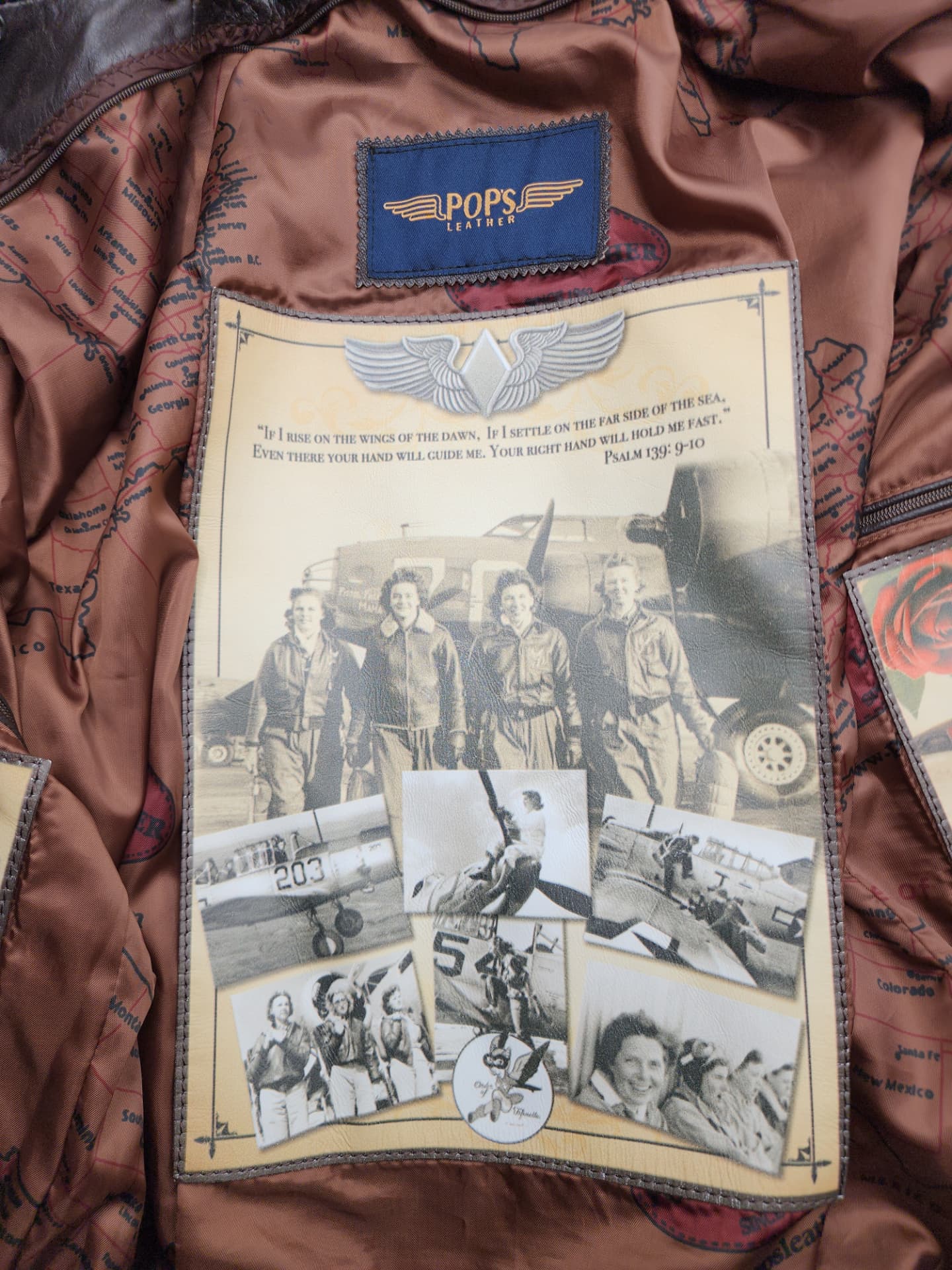The jacket's WASP panel: four women pilots before a bomber beneath Psalm 139:9-10.