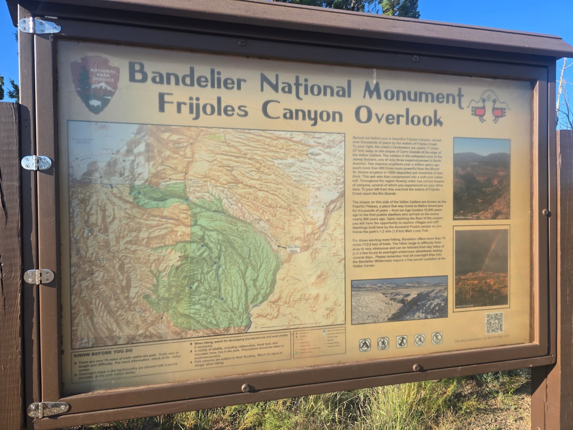 The Bandelier National Monument Frijoles Canyon Overlook sign.
