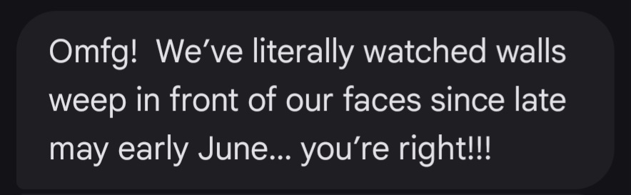 Text message from Q: “Omfg! We’ve literally watched walls weep in front of our faces since late may early June… you’re right!!!”