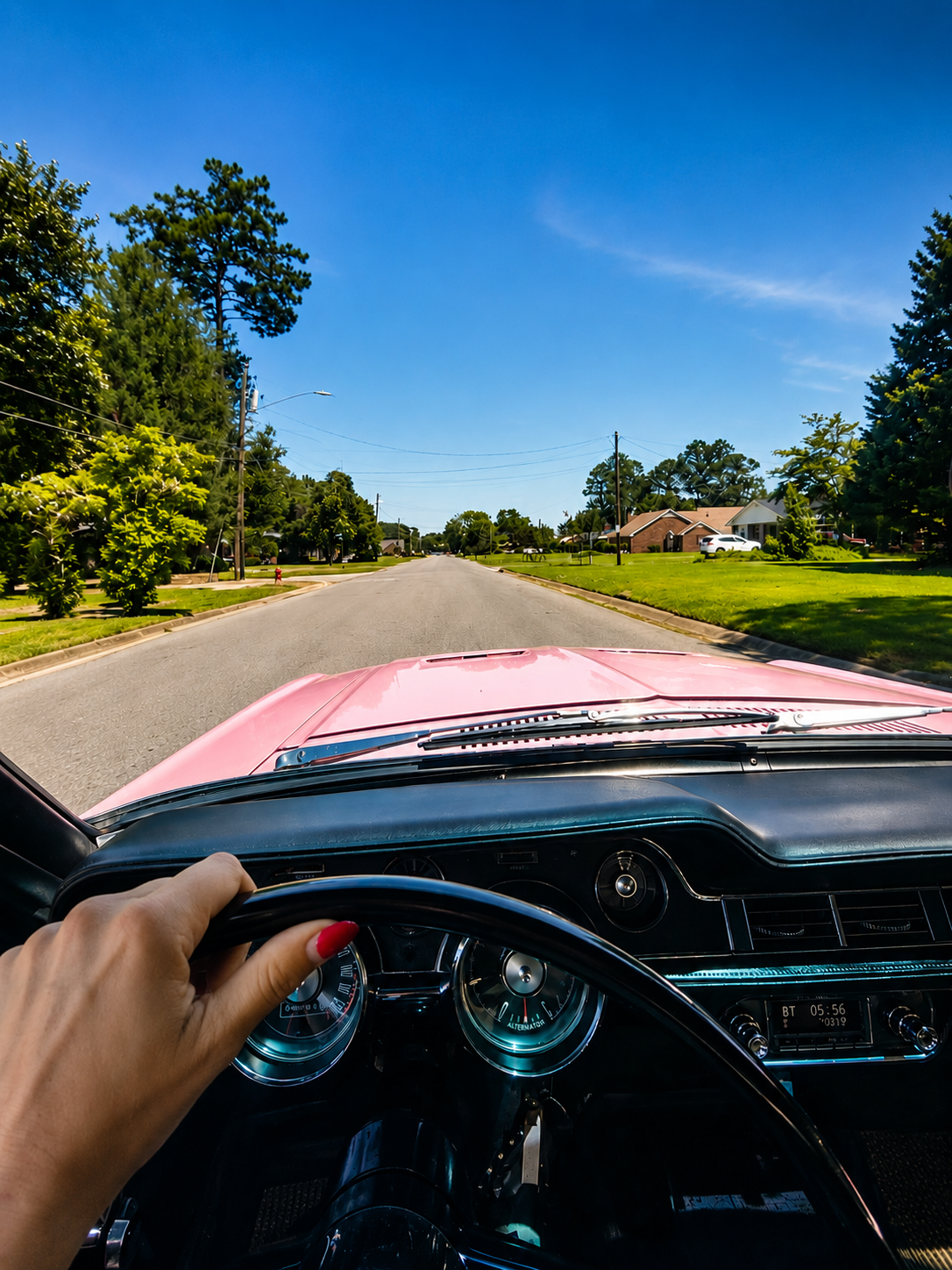A hand resting on the wheel of Reba Lou as the road opens ahead.