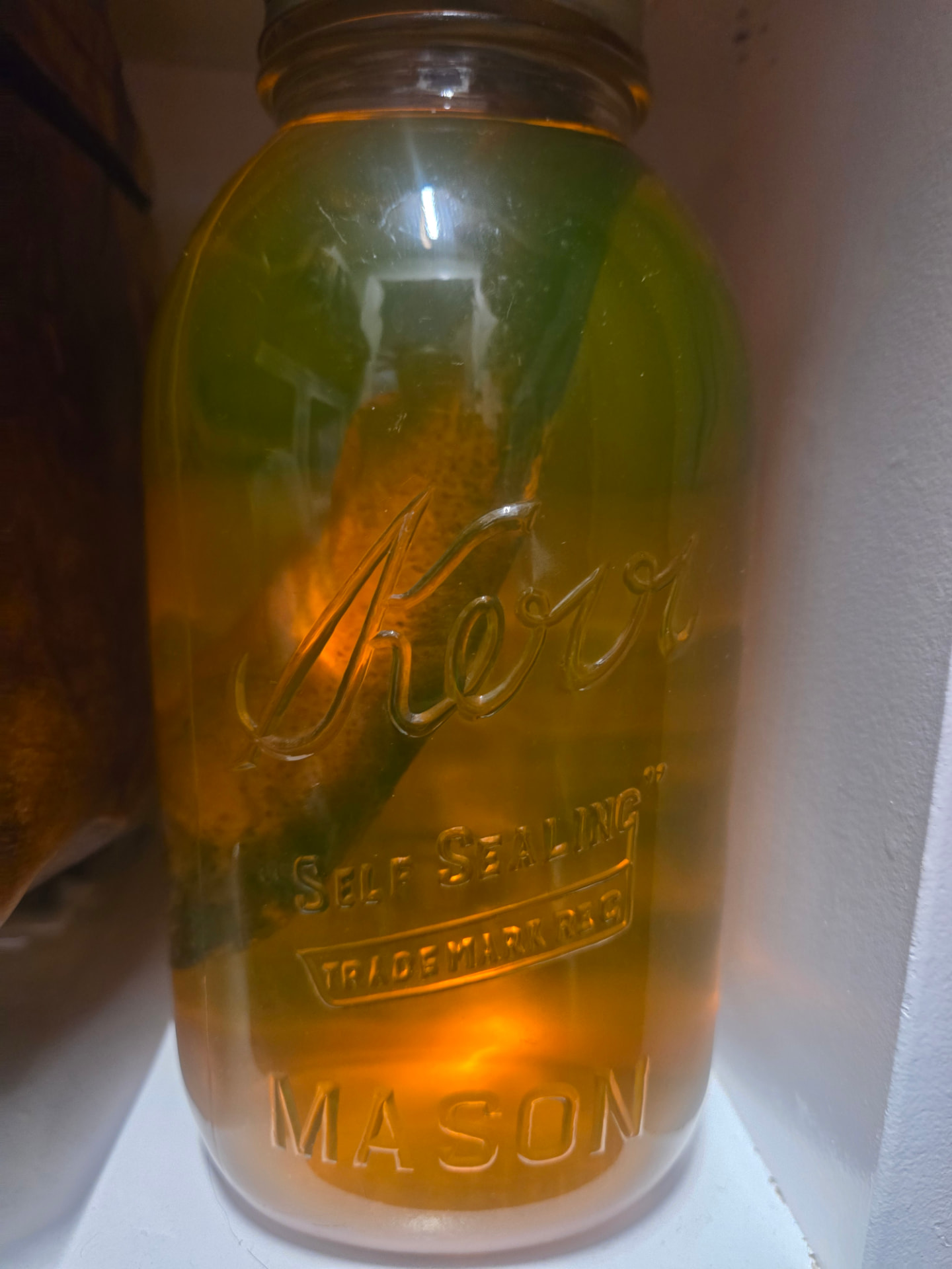Nikki's first fish preserved in amber liquid inside Grandma Reba's Kerr Self Sealing Mason jar.
