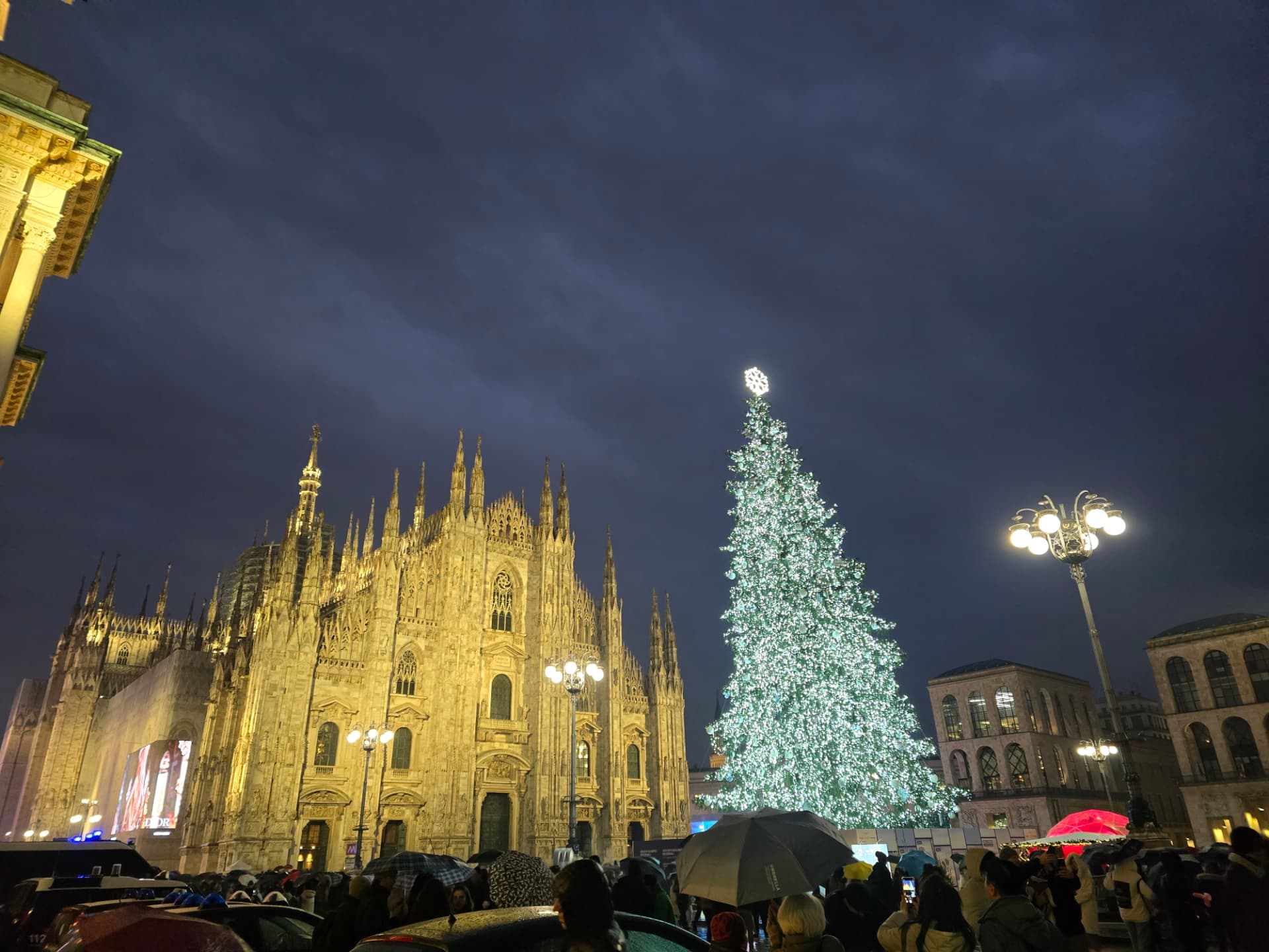 The Duomo di Milano lit gold at night beside the enormous piazza Christmas tree.